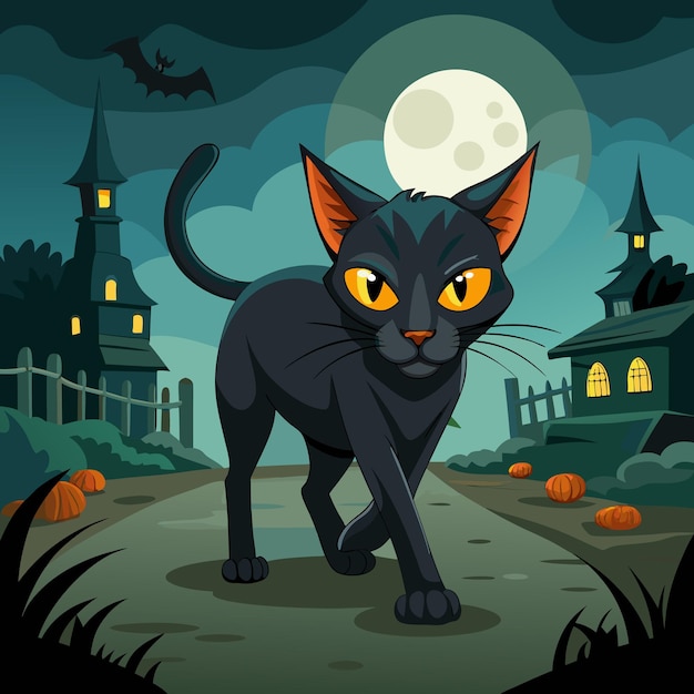 Halloween Thin Black Cat Vector Illustration Spooky Cat Design for Halloween