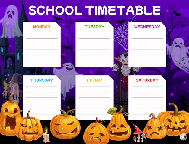 Halloween timetable with pumpkins ghosts castle