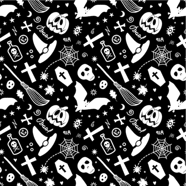 Halloween traditional spooky items isolated forming seamless pattern