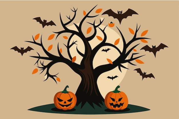 Vector halloween tree with pumpkins and bats tshirt design vector