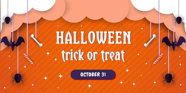 Halloween trick or treat banner in paper cut art style design