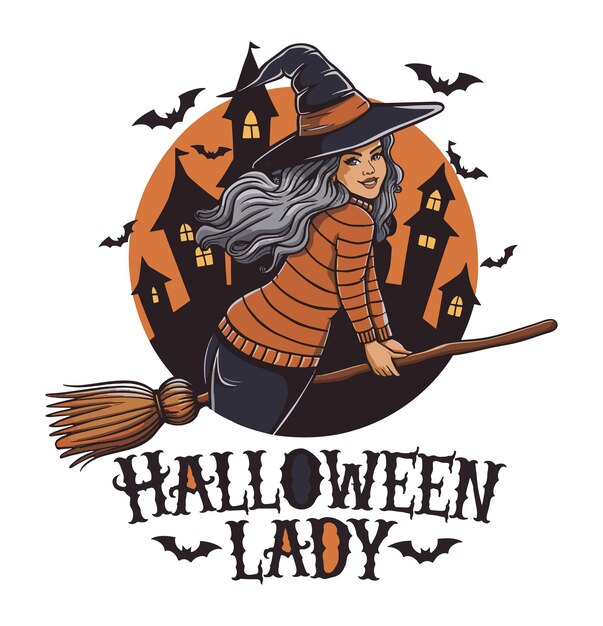 Vector halloween tshirt logo design with girl flying witch