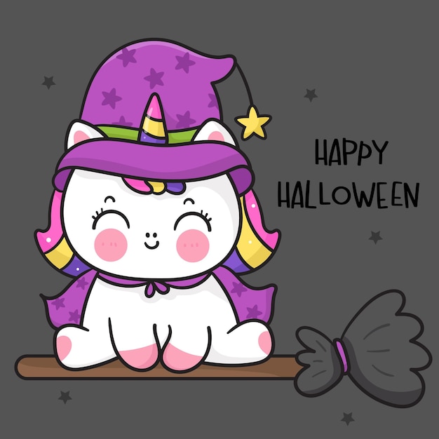 Halloween unicorn witch on broom kawaii animal