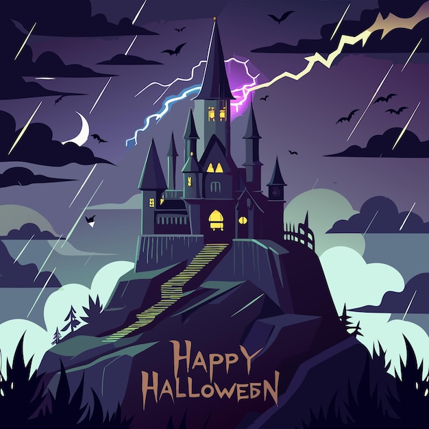 Vector halloween vector dark castle on hill with bats