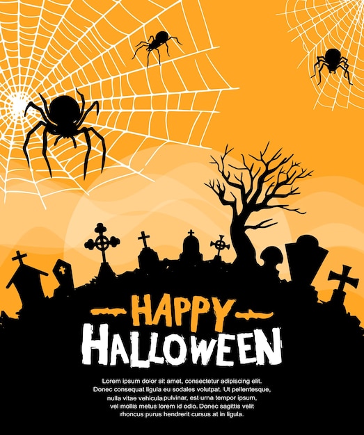 Halloween vector design with spider and graveyard silhouette on orange background