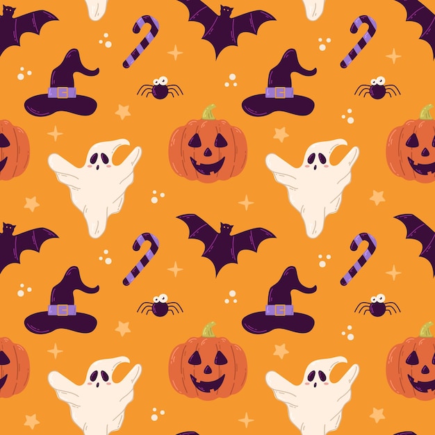 Halloween vector seamless pattern design with ghost pumpkin and bat