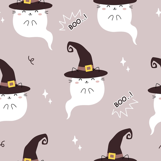 Halloween vector seamless pattern with Kawaii Cute Cat ghost. Cartoon Animals Background in doodle s