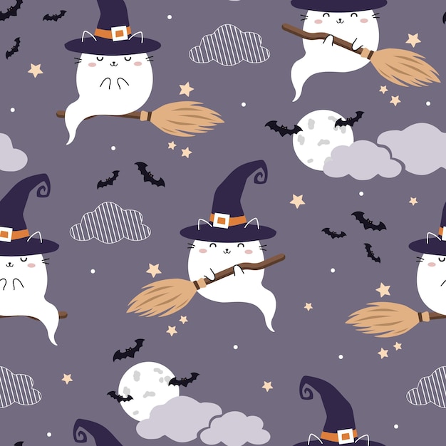 Halloween vector seamless pattern with Kawaii Cute Cat ghost. Cartoon Animals Background in doodle s