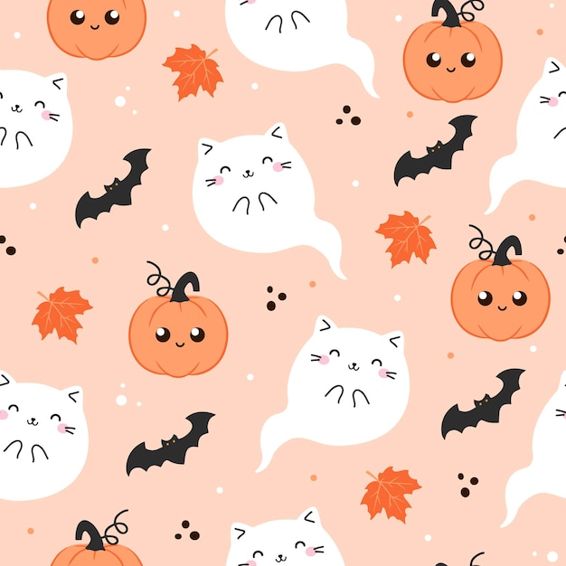 Halloween vector seamless pattern with Kawaii Cute Cat ghost. Cartoon Animals Background in doodle s