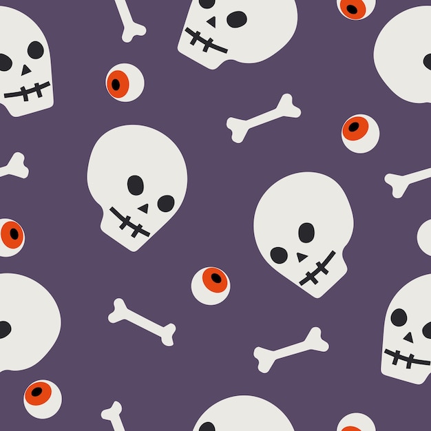 Halloween vector seamless pattern with skullbones and eyeballs in cartoon flat style