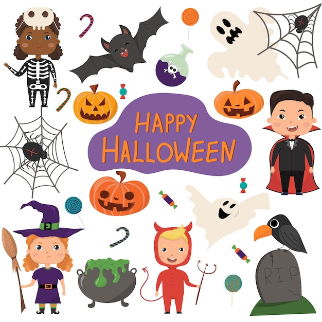 Halloween vector set Children in halloween costumes