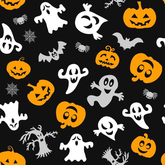 Halloween vector set Pumpkin bat ghost Simple seamless pattern