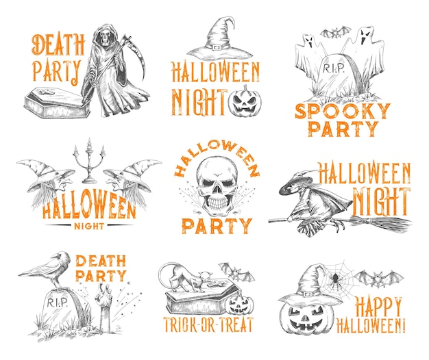 Halloween vector sketch icons for holiday party