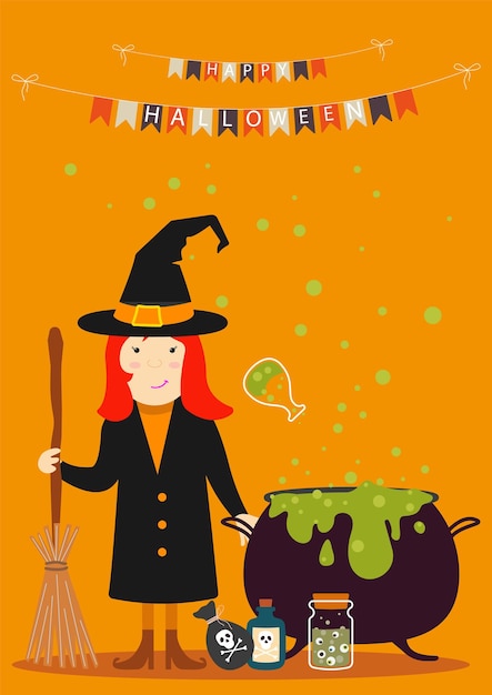 Halloween vector witch with broom and boiler illustration Happy halloween party flags and Poisons green Yellow background