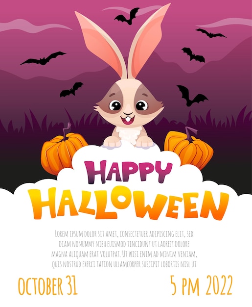 Halloween vertical banner with cute rabbit or bunny and 3d pumpkins Party poster template with space