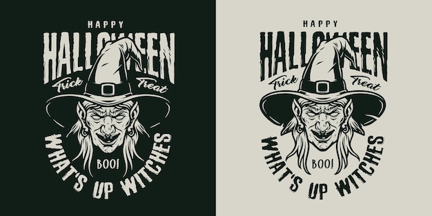 Halloween vintage monochrome label with inscriptions and witch head in hat