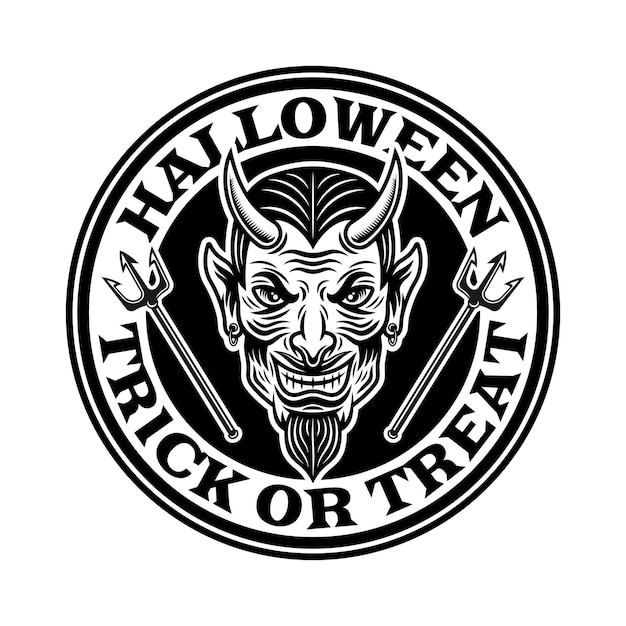 Halloween vintage round emblem badge label or logo with devil head in monochrome style vector isolated illustration