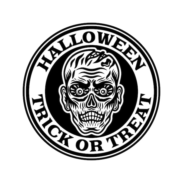 Halloween vintage round emblem badge label or logo with zombie head in monochrome style vector isolated illustration