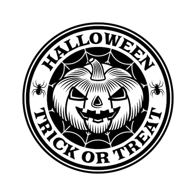 Halloween vintage round emblem with pumpkin in monochrome style vector isolated illustration