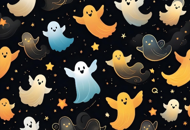 a halloween wallpaper with a bunch of cute cartoon ghosts and stars