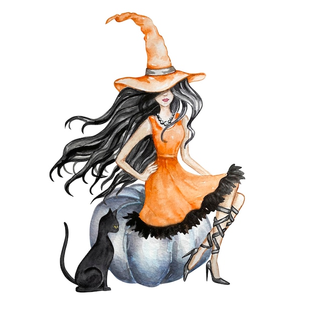 Halloween watercolor illustration. Hand drawn festive composition isolated on white background. Witch sitting on a pumpkin and a black cat