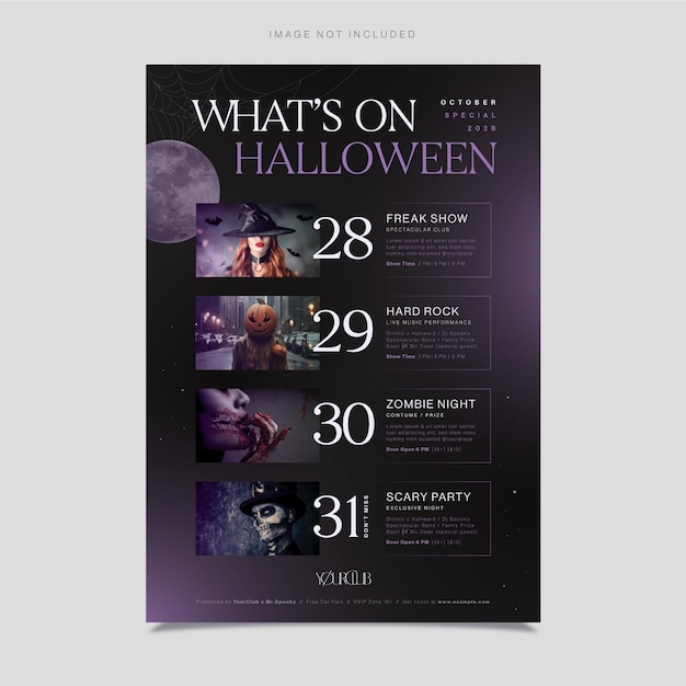 Halloween What's On Event Schedule Flyer Templat with Purple Theme in Vector EPS