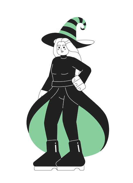 Halloween wicked witch monochromatic flat vector character Woman halloween costume Spooky fairytale Editable thin line full body person on white Simple bw cartoon spot image for web graphic design