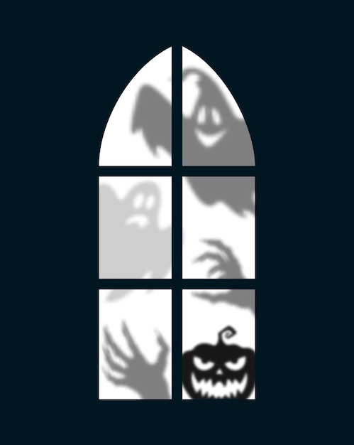 Vector halloween window silhouettes of ghosts and hands