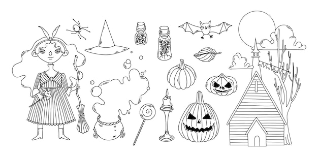 Halloween witch coven black contour elements set for coloring page