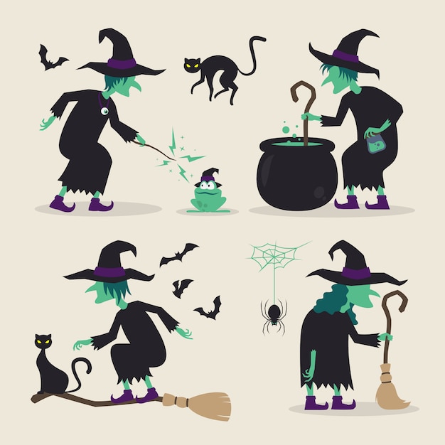 Halloween Witch Doing Various Activity with Their Brooms, Black Cats, Bats, Frog, Spider, Potions, and Cauldron