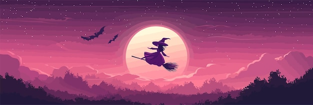 Vector halloween witch flying beneath a full moon in a whimsical and enchanting illustration