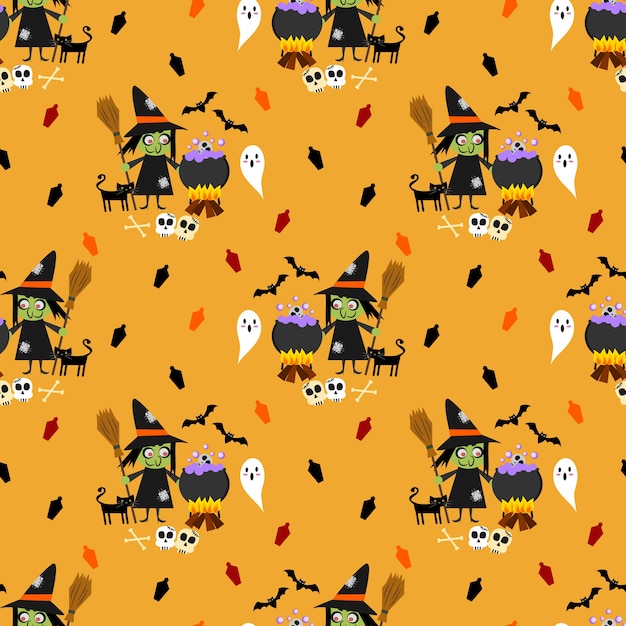 Halloween witch and ghost seamless pattern