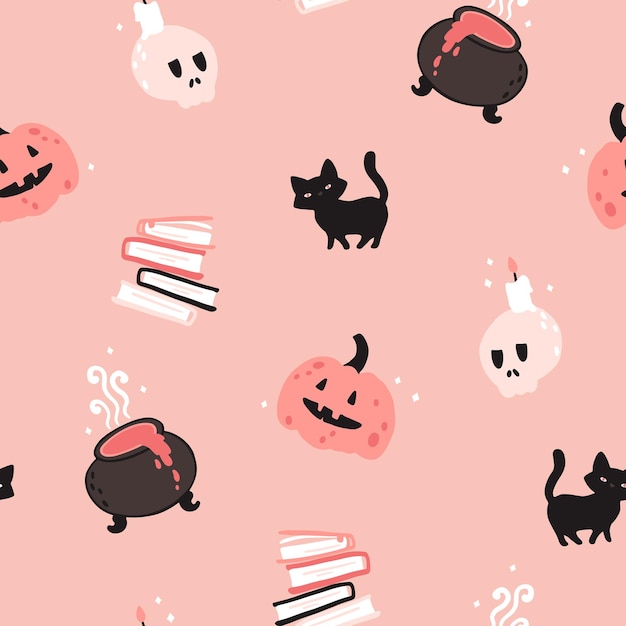 Halloween witch pink seamless pattern Vector childish illustration of magic elements in simple cartoon handdrawn style The limited palette is ideal for kids printing