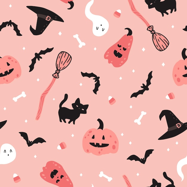 Vector halloween witch pink seamless pattern vector childish illustration of magic elements in simple cartoon handdrawn style the limited palette is ideal for kids printing