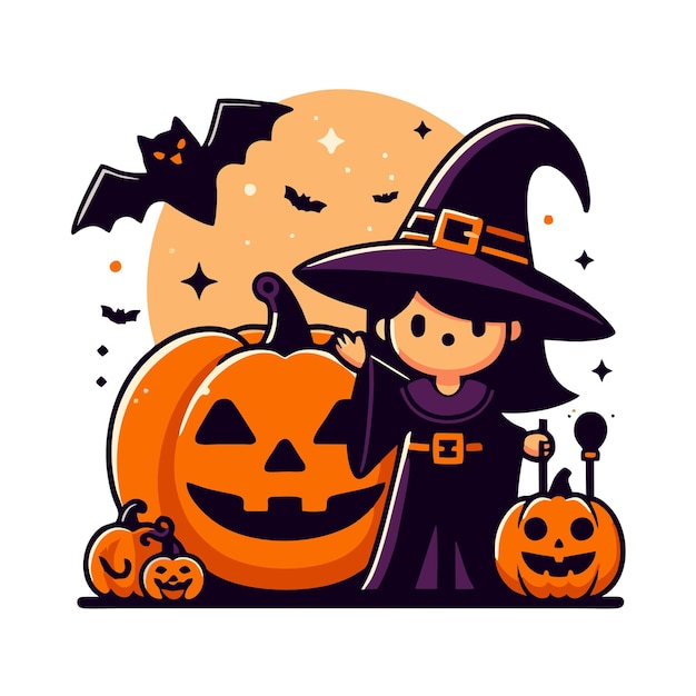 halloween witch and pumpkin flat vector design