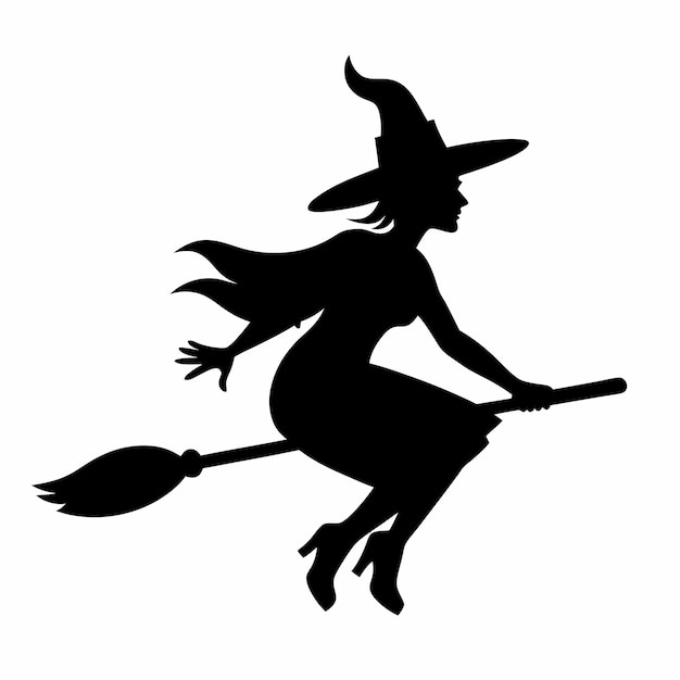 Vector halloween witch silhouette on broomstick