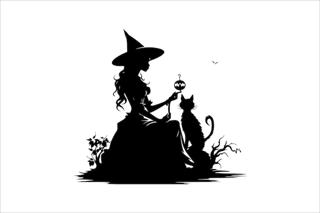 Vector halloween witch silhouette set illustration with broom and cat halloween witch silhouette vector