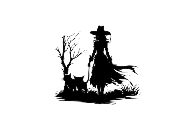 Halloween witch silhouette set illustration with Broom and Cat Halloween witch silhouette vector