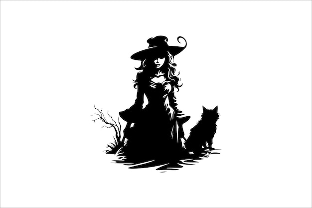 Halloween witch silhouette set illustration with Broom and Cat Halloween witch silhouette vector