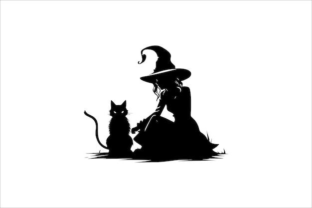 Vector halloween witch silhouette set illustration with broom and cat halloween witch silhouette vector