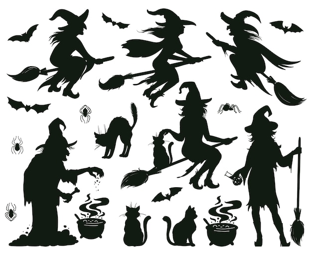 Halloween witch silhouettes. Magic witch ladies with broomstick, hats and bats, scary witches magic vector illustration. Female wizards silhouettes. Halloween witch magic silhouette with broomstick