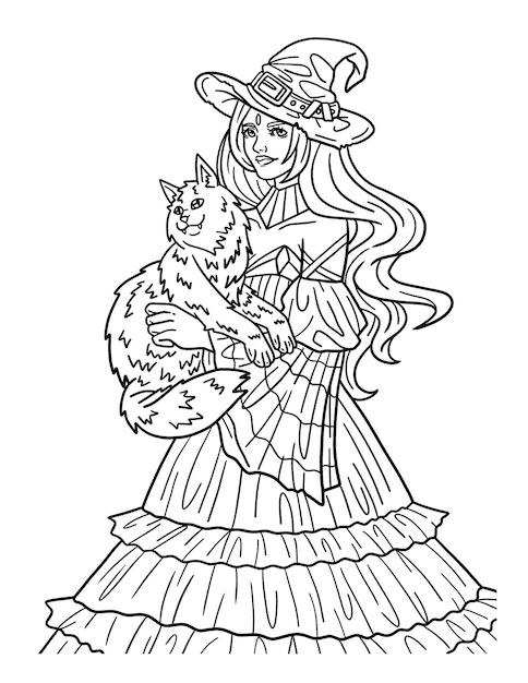 Halloween Witch with Cat Isolated Coloring Page