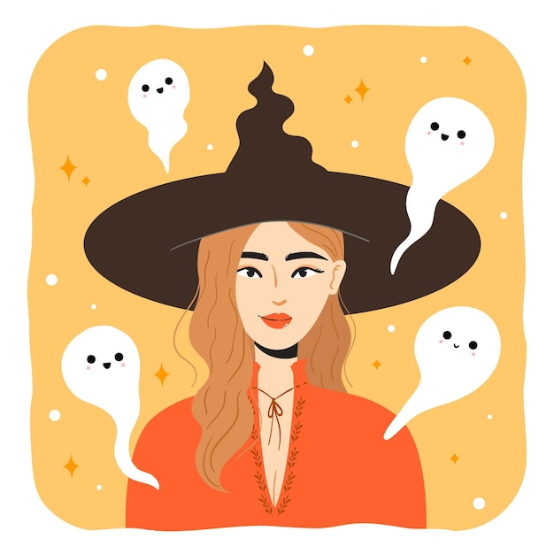 Halloween witch with cute ghost