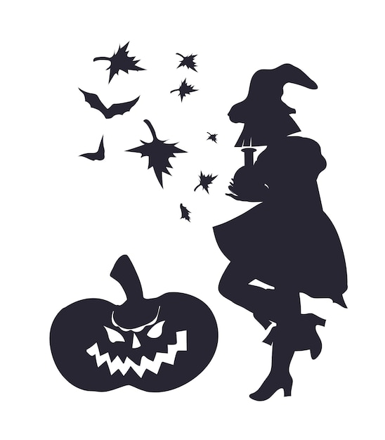 Halloween witch woman black silhouette with pumpkin, flat vector illustration isolated on whited.