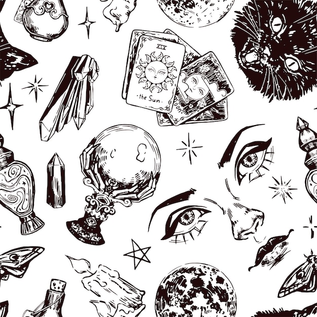 Halloween witchcraft seamless pattern Ornament of realistic sketches of fortune teller inventory witch attributes occult items Vector illustration in retro engraving style