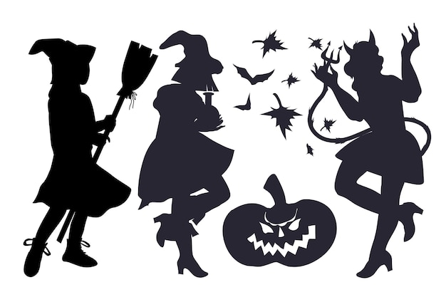 Halloween witches and devil women black contour silhouettes, flat vector isolated.