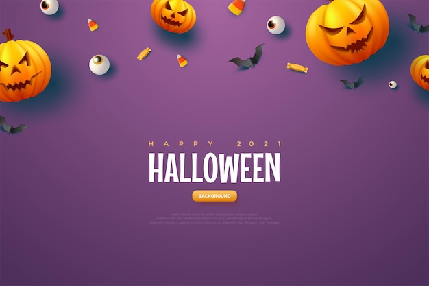 Halloween with cute pumpkins and bats on top background