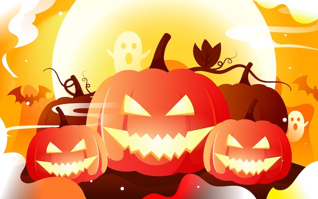 Halloween with jack-o-lantern in front and castle and moon in background, vector illustration