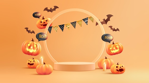 Halloween with pumpkin and empty minimal podium pedestal product display background