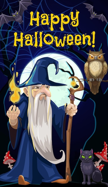 Halloween wizard sorcerer and witch black cat